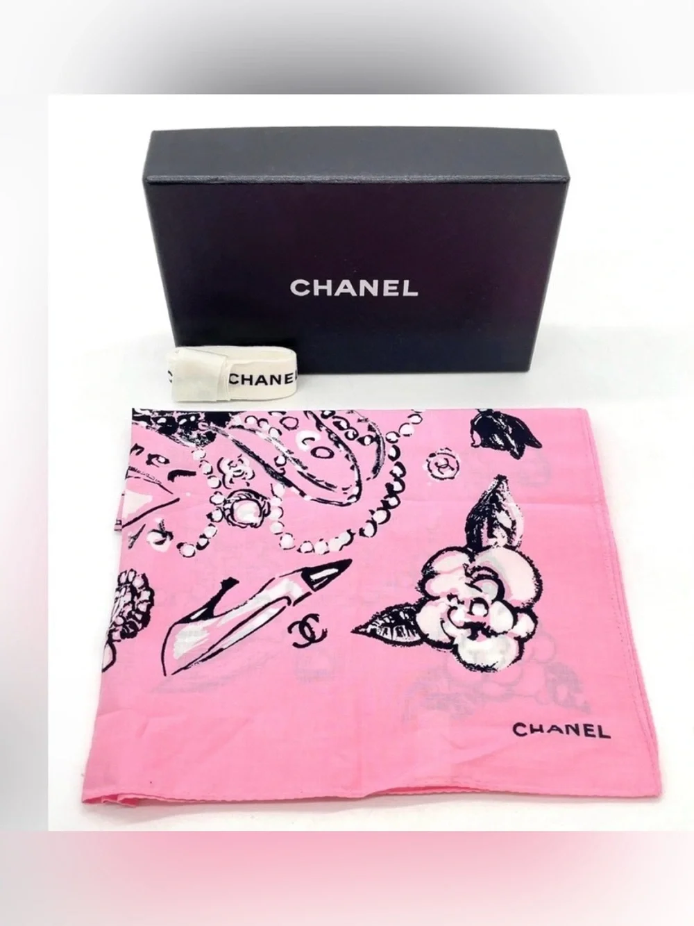 CHANEL 93P Pink Cotton Scarf Camellia Pearls Bows Classic Flap Bag Sketch Motifs
